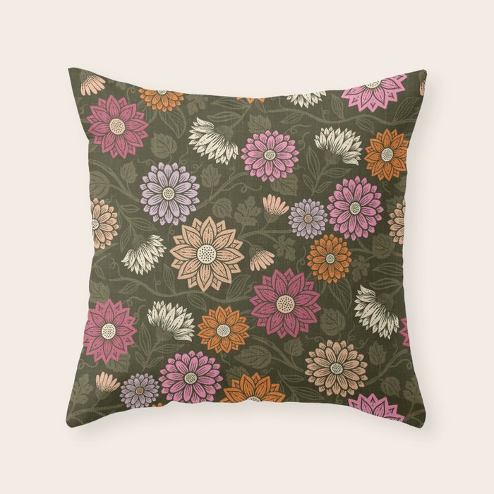 Mums and Vines Floral Mauve Olive and Rust Throw Pillow Gallery Image 6