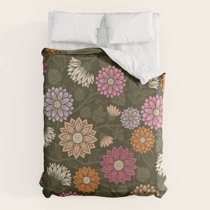 Mums and Vines Floral Mauve Olive and Rust Duvet Cover Gallery Image 1