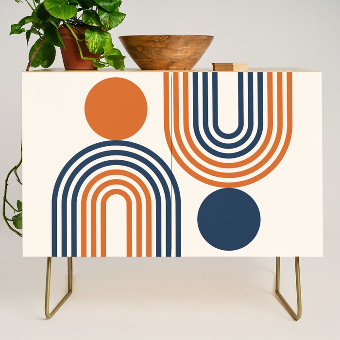 Mid Century Modern Geometric 450 in Navy Blue and Orange (Rainbow and Sun Abstraction) Credenza Gallery Image 1