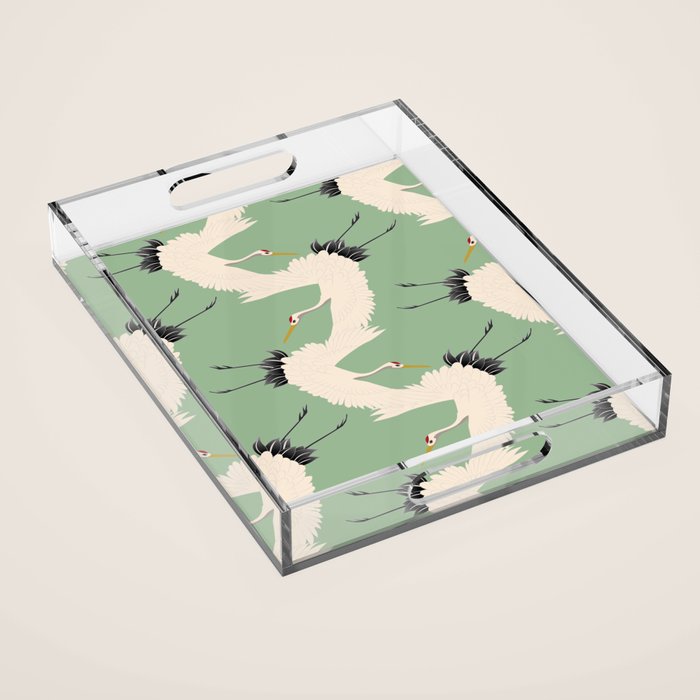 Japanese Cranes on Sage Green Background Acrylic Tray Gallery Image 1