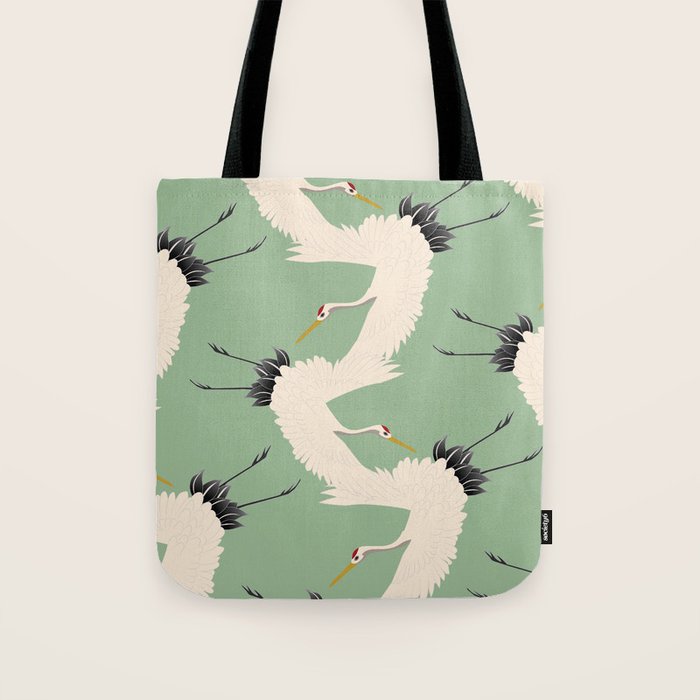 Japanese Cranes on Sage Green Background Tote Bag Gallery Image 1