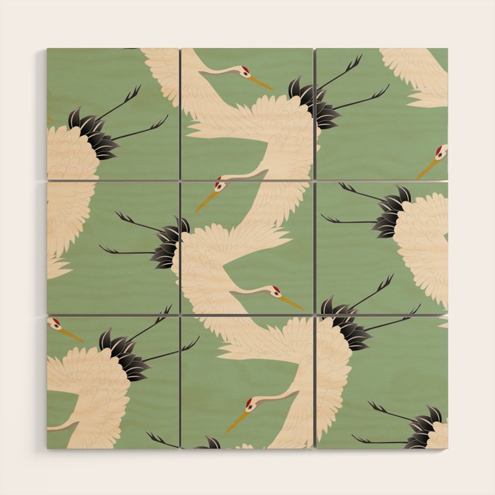 Japanese Cranes on Sage Green Background Wood Wall Art Gallery Image 1