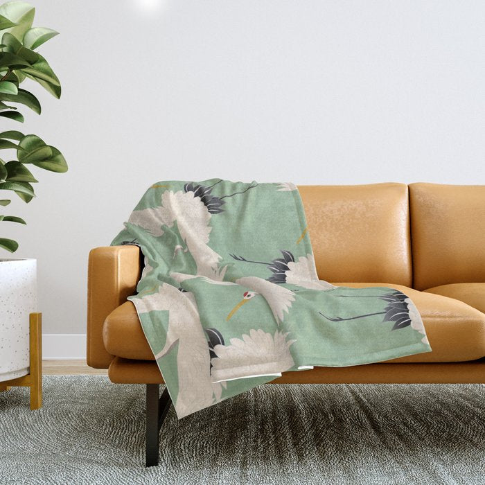 Japanese Cranes on Sage Green Background Throw Blanket Gallery Image 1
