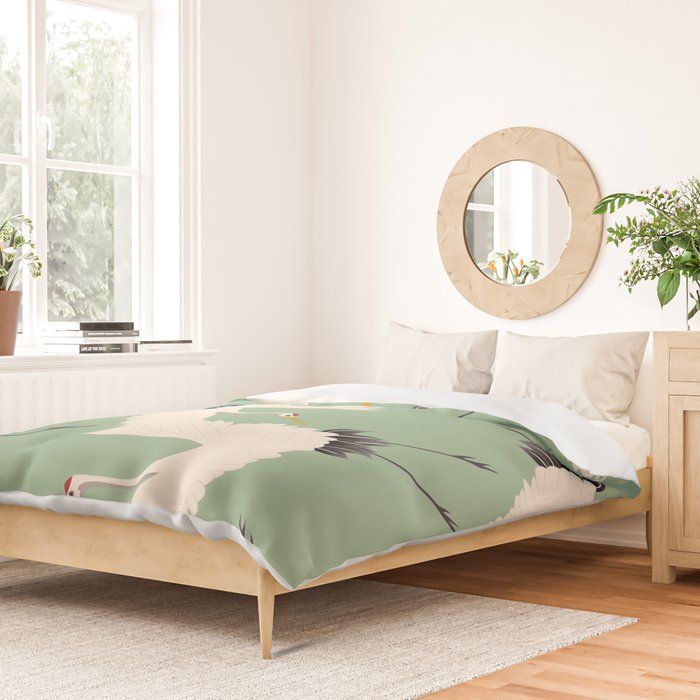 Japanese Cranes on Sage Green Background Duvet Cover Gallery Image 2
