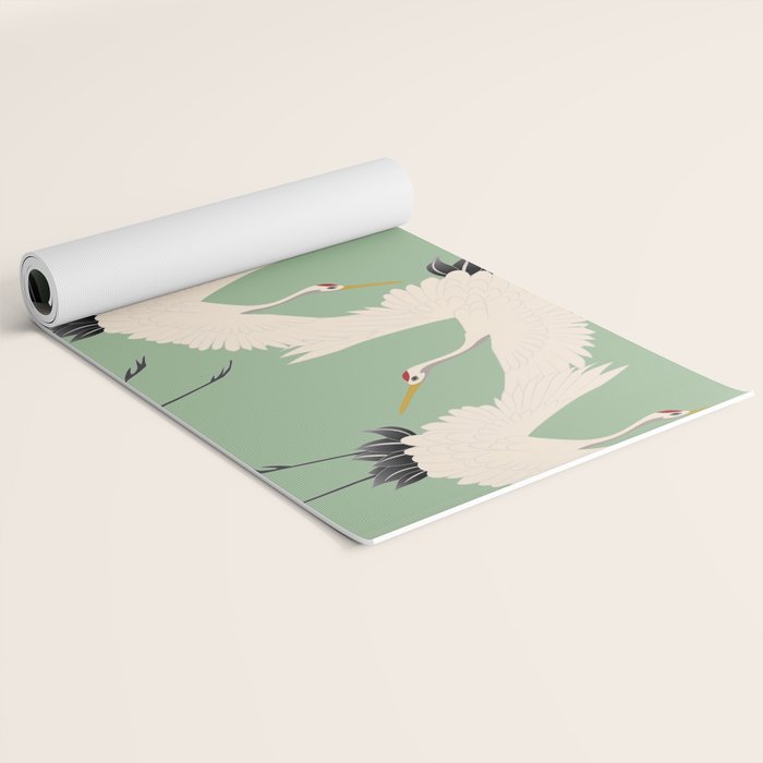 Japanese Cranes on Sage Green Background Yoga Mat Gallery Image 2