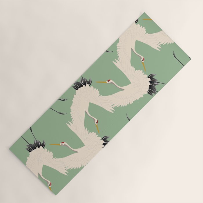 Japanese Cranes on Sage Green Background Yoga Mat Gallery Image 1