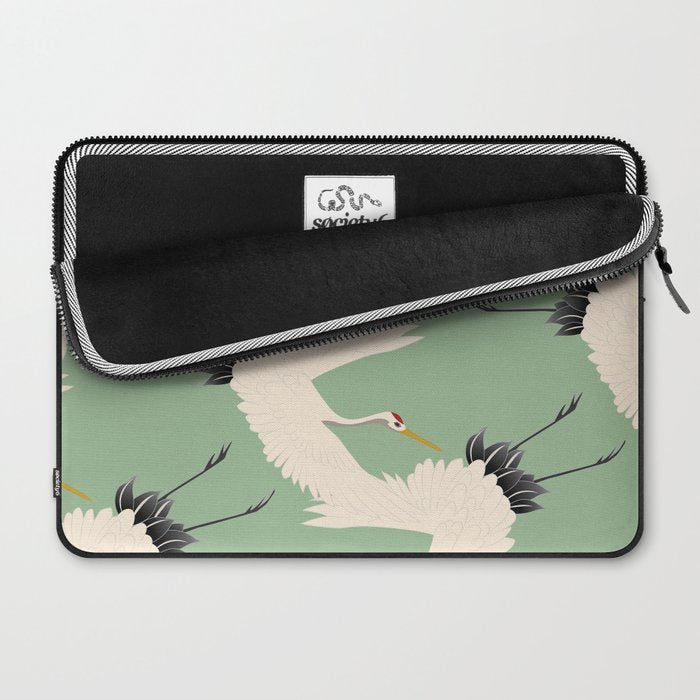 Japanese Cranes on Sage Green Background Laptop Sleeve Gallery Image 2