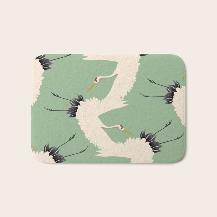 Japanese Cranes on Sage Green Background Bath Mat Gallery Image 1