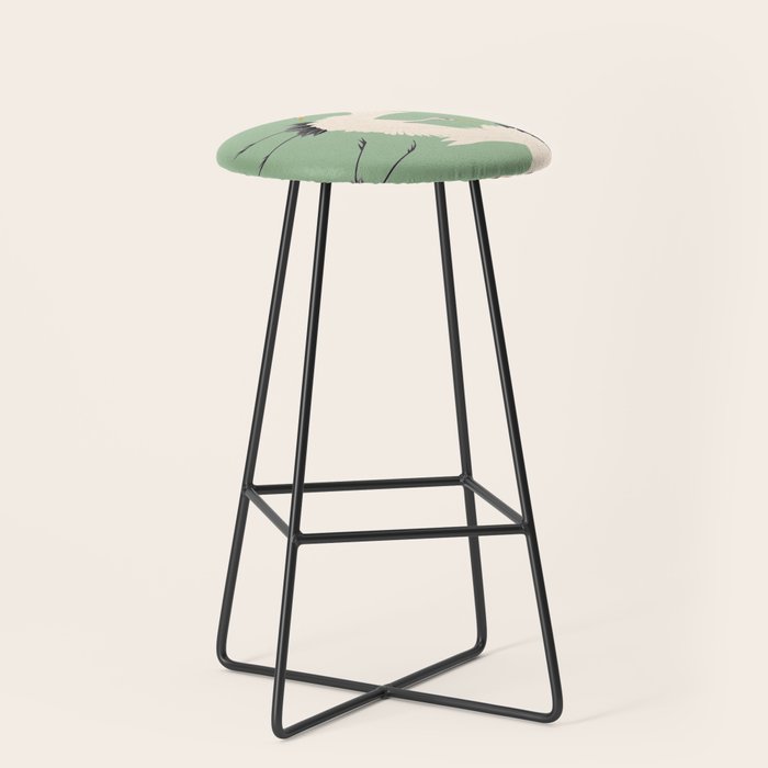 Japanese Cranes on Sage Green Background Stool Gallery Image 1