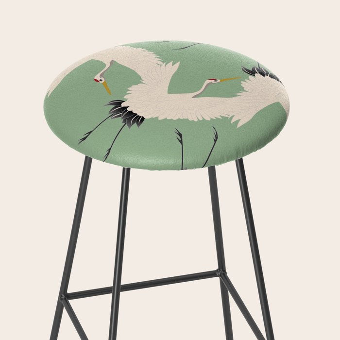 Japanese Cranes on Sage Green Background Stool Gallery Image 2