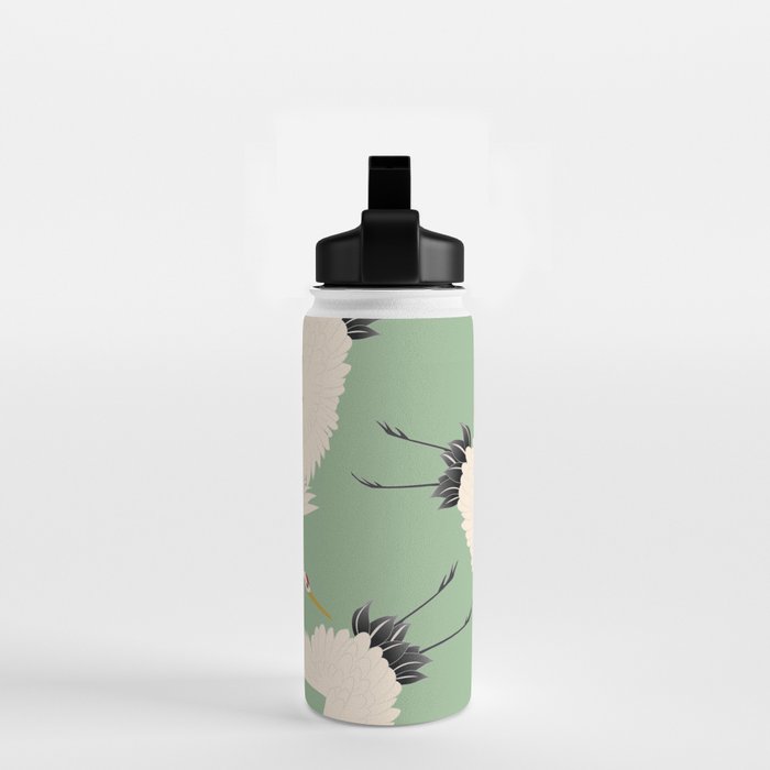 Japanese Cranes on Sage Green Background Water Bottle Gallery Image 2