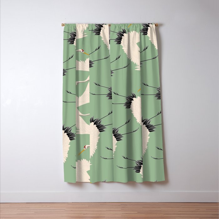 Japanese Cranes on Sage Green Background Window Curtain Gallery Image 3