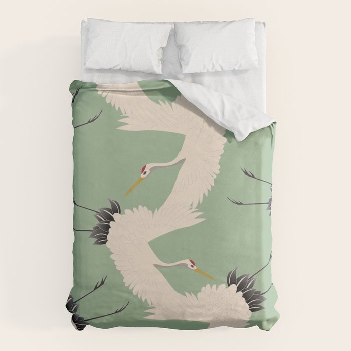 Japanese Cranes on Sage Green Background Duvet Cover Gallery Image 6