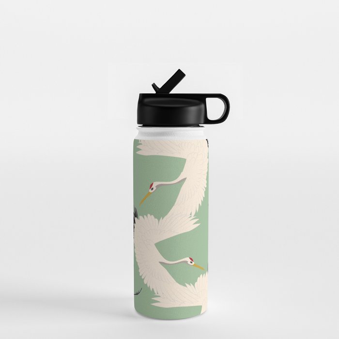 Japanese Cranes on Sage Green Background Water Bottle Gallery Image 1