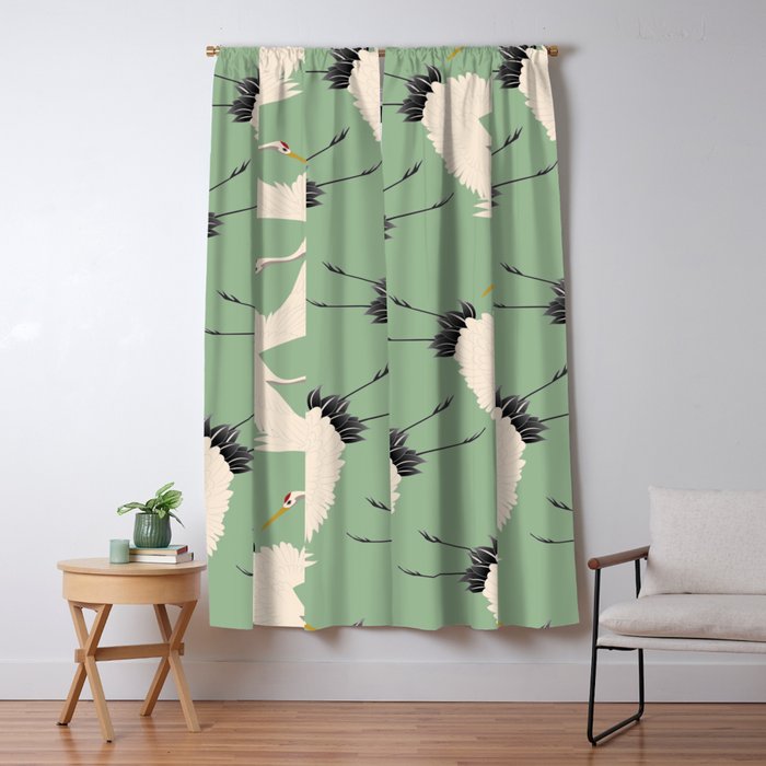 Japanese Cranes on Sage Green Background Window Curtain