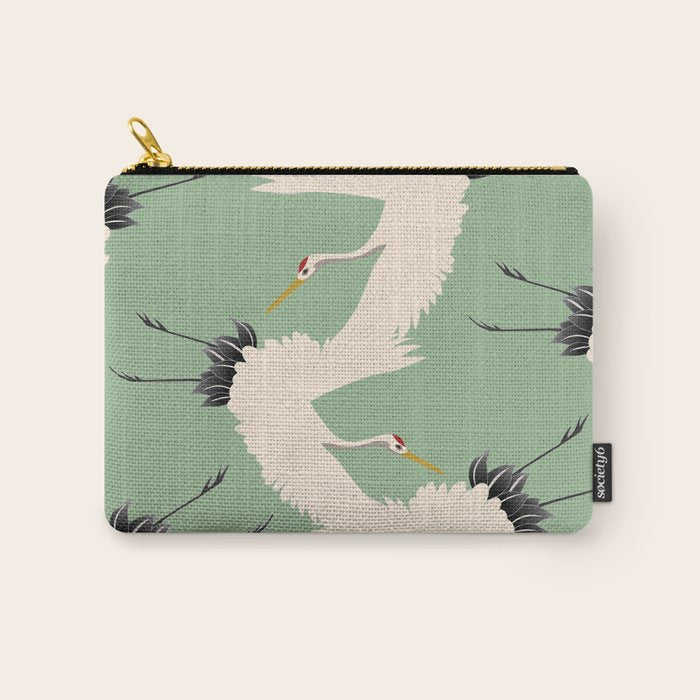 Japanese Cranes on Sage Green Background Carry All Pouch Gallery Image 1