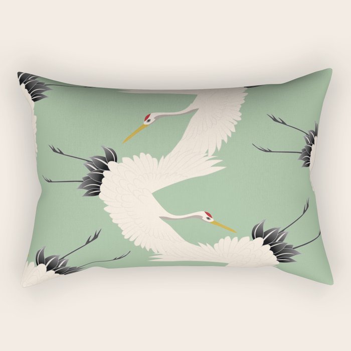 Japanese Cranes on Sage Green Background Rectangular Pillow Gallery Image 1