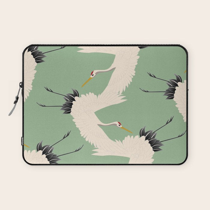 Japanese Cranes on Sage Green Background Laptop Sleeve Gallery Image 1