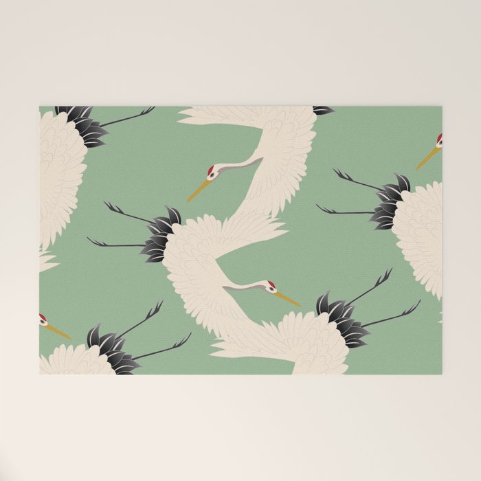 Japanese Cranes on Sage Green Background Welcome Mat Gallery Image 1