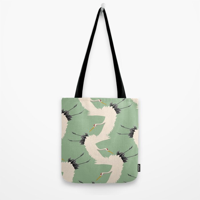 Japanese Cranes on Sage Green Background Tote Bag Gallery Image 2