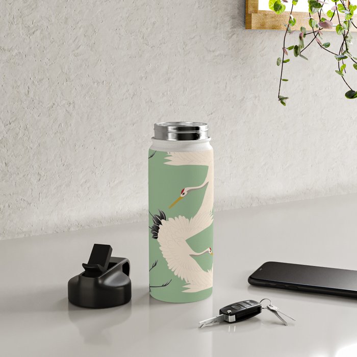 Japanese Cranes on Sage Green Background Water Bottle Gallery Image 4