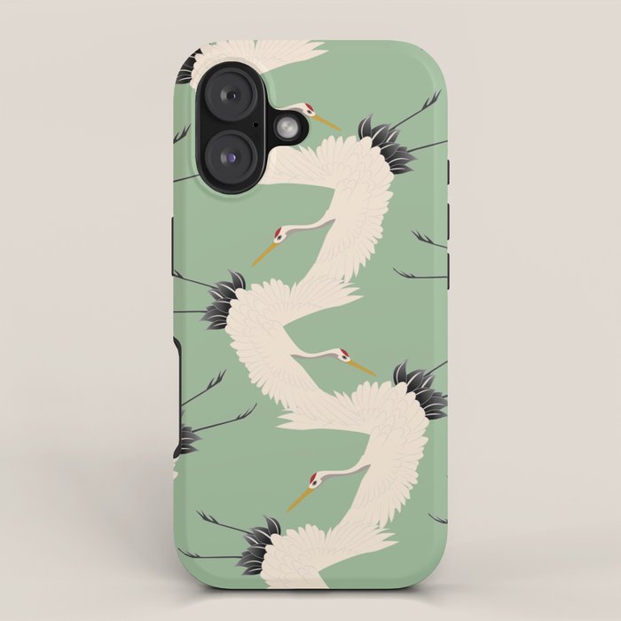 Japanese Cranes on Sage Green Background iPhone Case Gallery Image 1