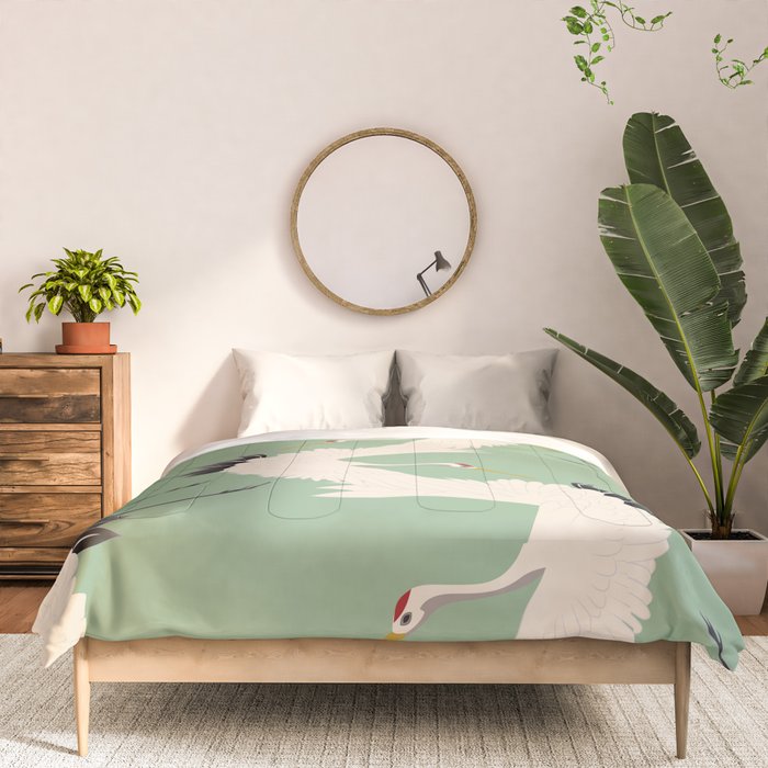 Japanese Cranes on Sage Green Background Comforter Gallery Image 3