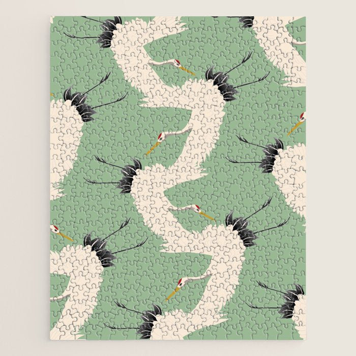 Japanese Cranes on Sage Green Background Jigsaw Puzzle Gallery Image 1