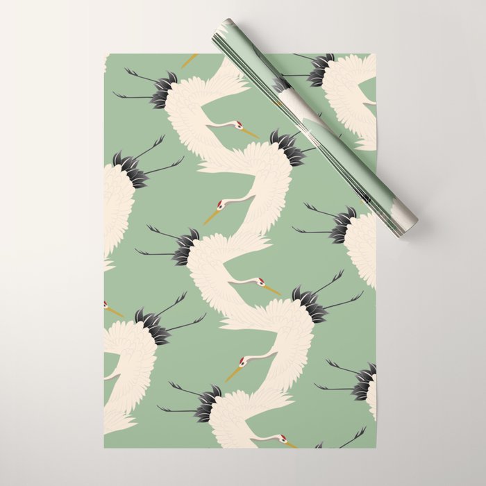 Japanese Cranes on Sage Green Background Wrapping Paper Gallery Image 1