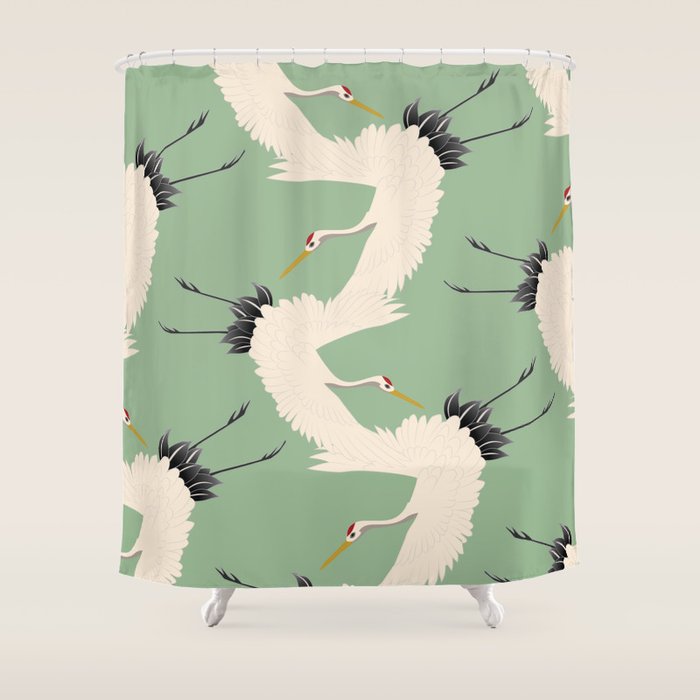 Japanese Cranes on Sage Green Background Shower Curtain Gallery Image 1