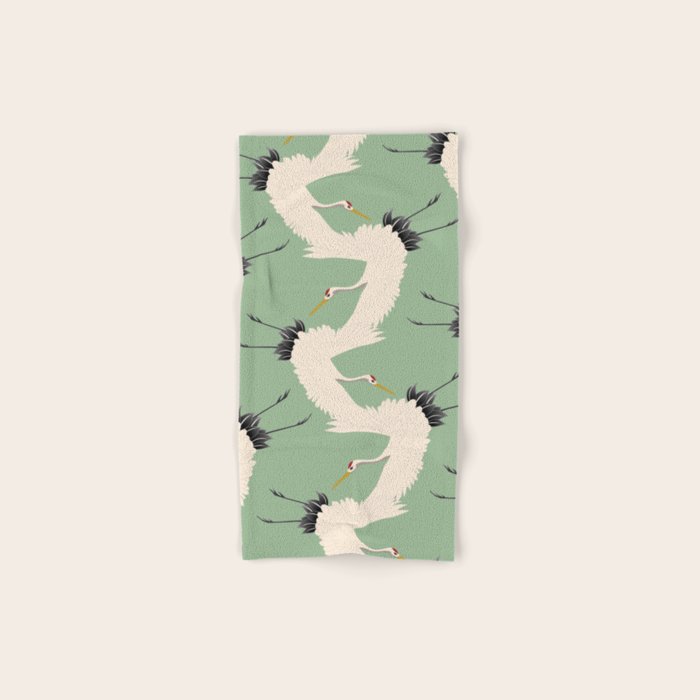 Japanese Cranes on Sage Green Background Bath Towel Gallery Image 1