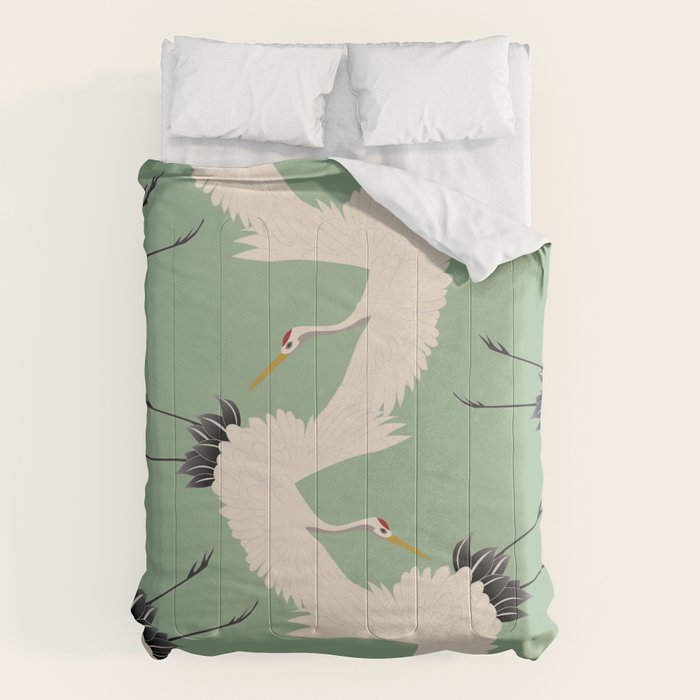 Japanese Cranes on Sage Green Background Comforter Gallery Image 1