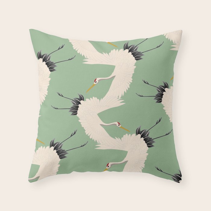 Japanese Cranes on Sage Green Background Throw Pillow Gallery Image 6