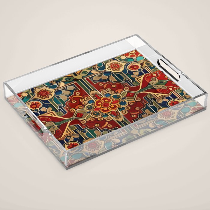 Antique Cute Abstract Flowers Vintage Persian Rug Seamless Pattern  Acrylic Tray Gallery Image 1