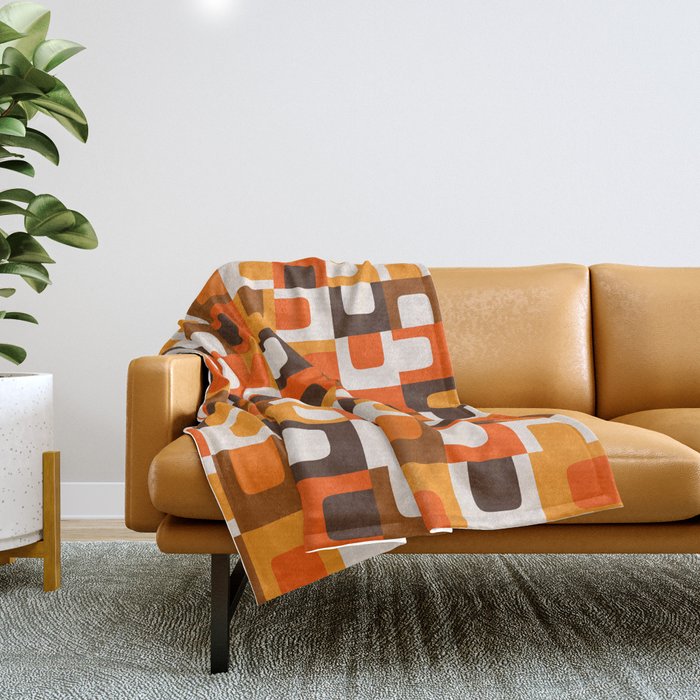 Mid Century Modern Concordance Retro Geometric Pattern in 70s Brown and Orange Throw Blanket Gallery Image 1