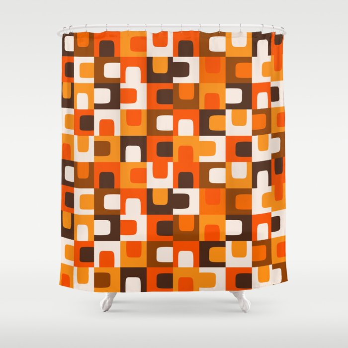 Mid Century Modern Concordance Retro Geometric Pattern in 70s Brown and Orange Shower Curtain Gallery Image 1