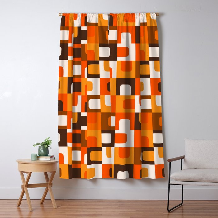 Mid Century Modern Concordance Retro Geometric Pattern in 70s Brown and Orange Window Curtain Gallery Image 1
