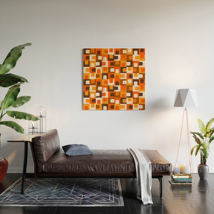 Mid Century Modern Concordance Retro Geometric Pattern in 70s Brown and Orange Wood Wall Art Gallery Image 2