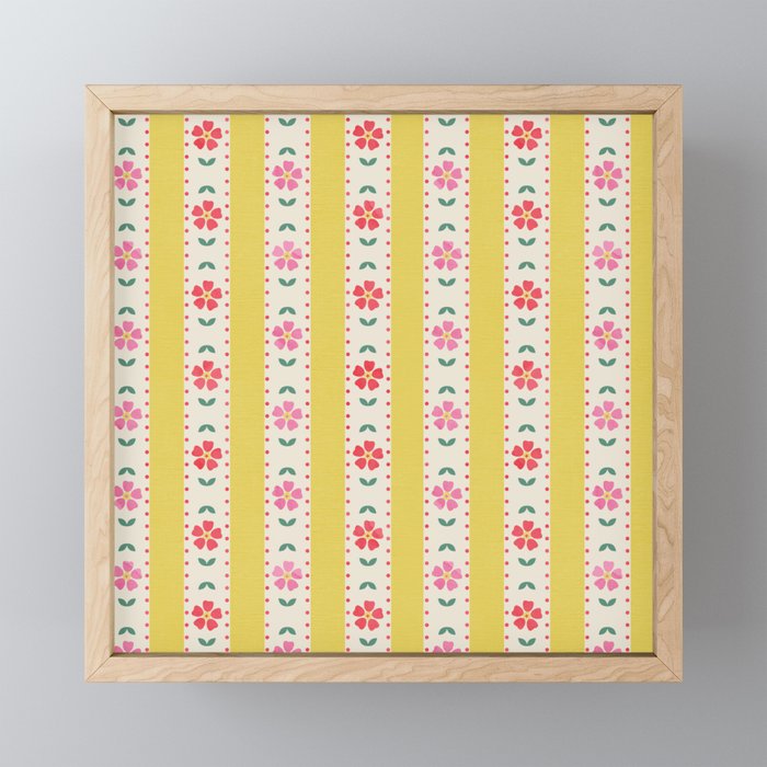 Granny Style Vintage Florals On Yellow Stripes Mini Art Print Gallery Image 1