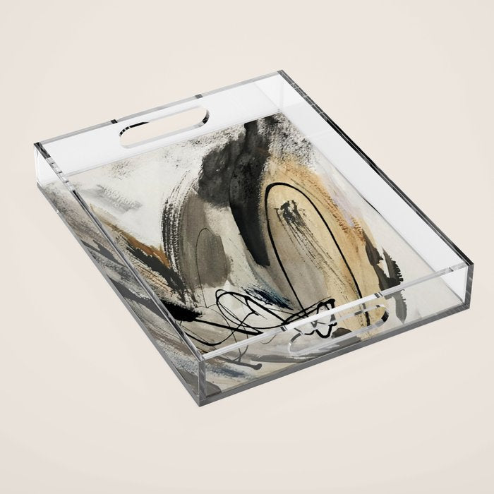 Drift [5]: a neutral abstract mixed media piece in black, white, gray, brown Acrylic Tray Gallery Image 1