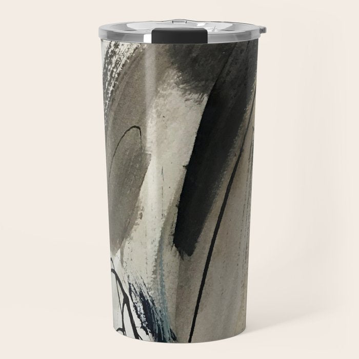 Drift [5]: a neutral abstract mixed media piece in black, white, gray, brown Travel Mug Gallery Image 1