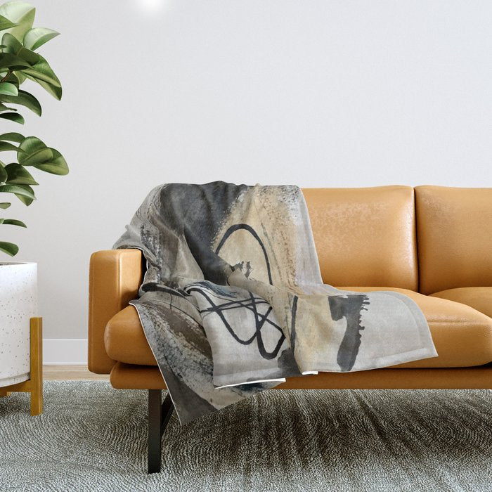Drift [5]: a neutral abstract mixed media piece in black, white, gray, brown Throw Blanket Gallery Image 1