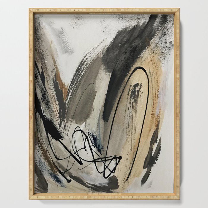 Drift [5]: a neutral abstract mixed media piece in black, white, gray, brown Serving Tray Gallery Image 1