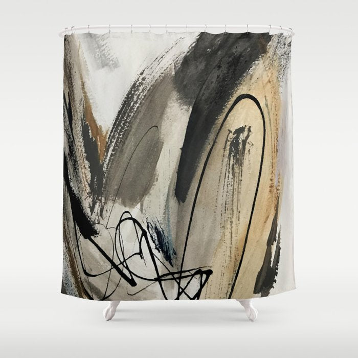 Drift [5]: a neutral abstract mixed media piece in black, white, gray, brown Shower Curtain Gallery Image 1