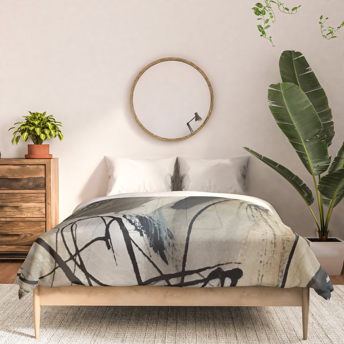 Drift [5]: a neutral abstract mixed media piece in black, white, gray, brown Comforter Gallery Image 3