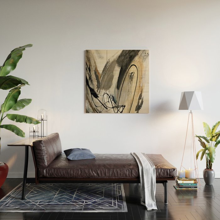 Drift [5]: a neutral abstract mixed media piece in black, white, gray, brown Wood Wall Art Gallery Image 2