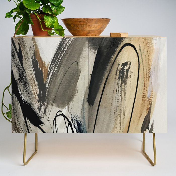 Drift [5]: a neutral abstract mixed media piece in black, white, gray, brown Credenza Gallery Image 1
