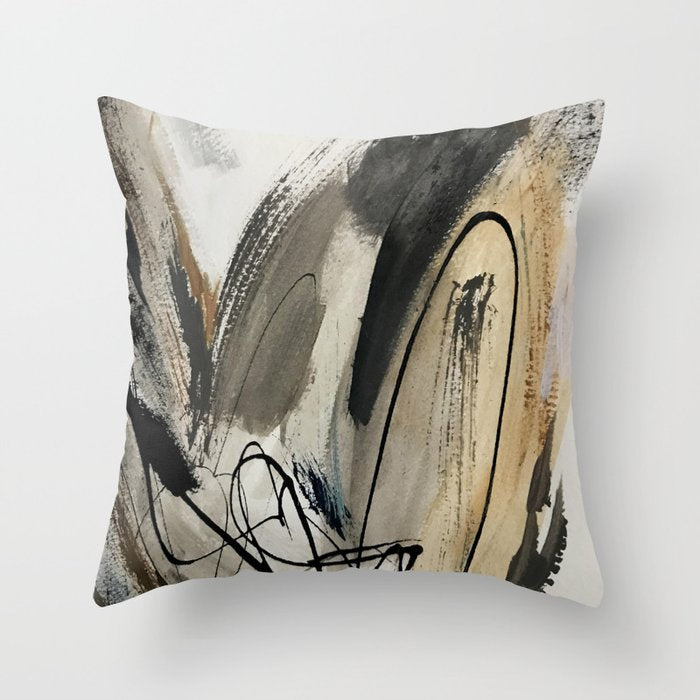 Drift [5]: a neutral abstract mixed media piece in black, white, gray, brown Throw Pillow Gallery Image 6