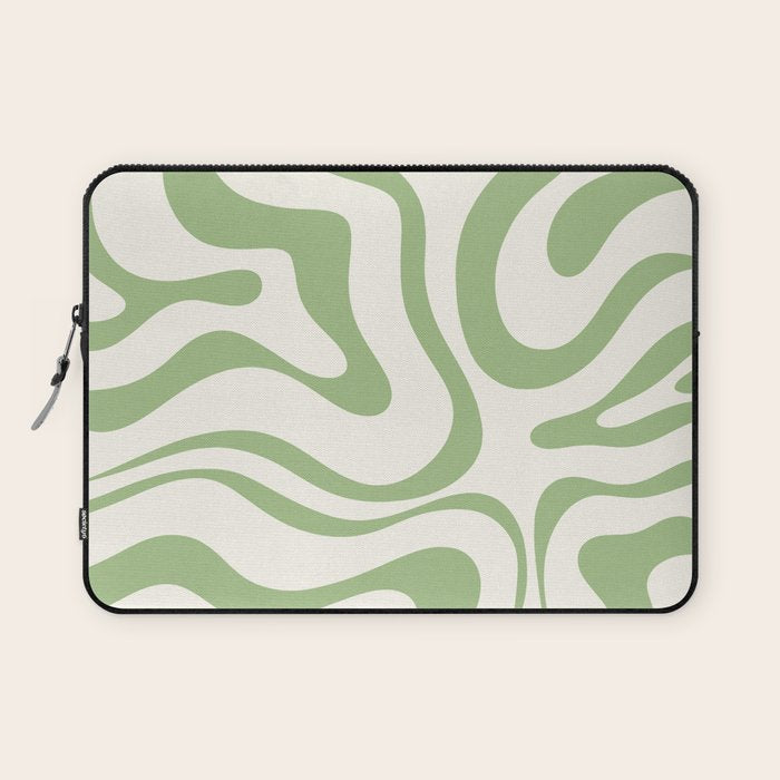 Modern Liquid Swirl Abstract Pattern in Cream and Light Sage Green Laptop Sleeve Gallery Image 1