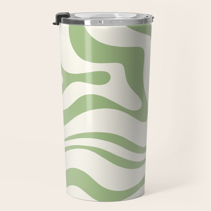 Modern Liquid Swirl Abstract Pattern in Cream and Light Sage Green Travel Mug Gallery Image 3